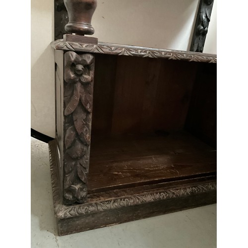 308 - VICTORIAN HEAVILY CARVED OAK SERVING CABINET WITH CARVED PANEL DOOR TO BASE H36” W27” D17”