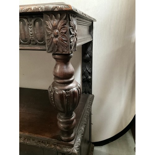 308 - VICTORIAN HEAVILY CARVED OAK SERVING CABINET WITH CARVED PANEL DOOR TO BASE H36” W27” D17”