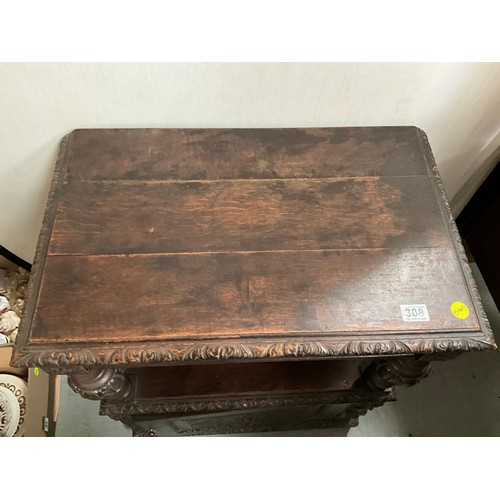 308 - VICTORIAN HEAVILY CARVED OAK SERVING CABINET WITH CARVED PANEL DOOR TO BASE H36” W27” D17”