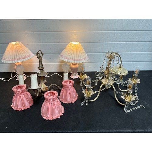 329 - BOX OF 2 CHANDELIERS AND 2 TABLE LAMPS