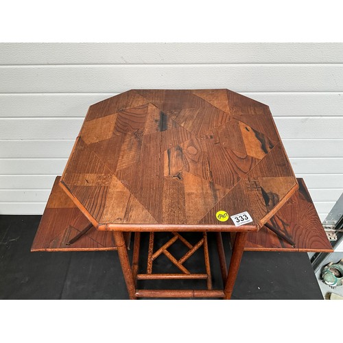 333 - VICTORIAN BAMBOO INLAID WINDOW TABLE H29” W22” D22”