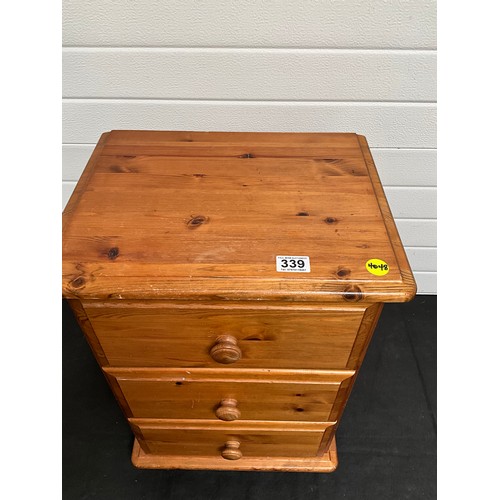 339 - MODERN PINE 3 DRAWER BEDSIDE CHEST H26” W17” D13”