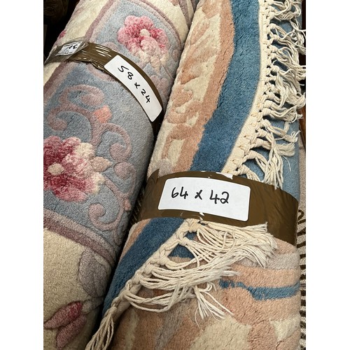 347 - 2 BLUE PATTERNED RUGS - 58” x 24” AND 64” x 42”