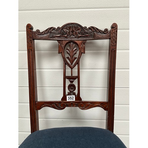 352 - EDWARDIAN MAHOGANY BEDROOM CHAIR WITH UPHOLSTERED SEAT ON ORIGINAL BRASS CASTORS