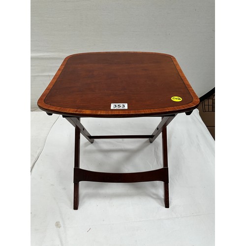 353 - FOLDING MAHOGANY INLAID TABLE H16” W16” D17”