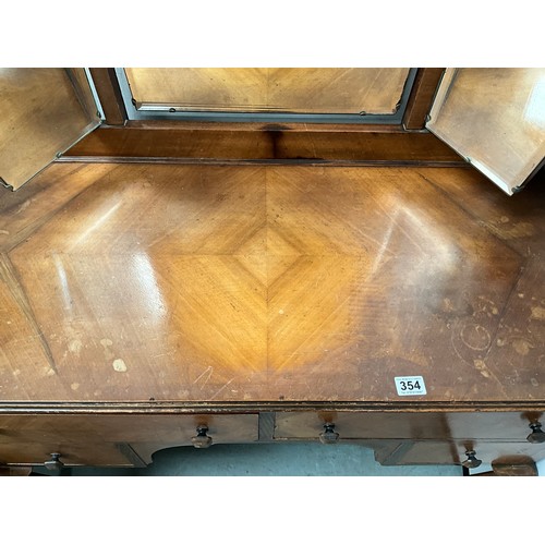 354 - VINTAGE WALNUT VENEERED TRIPLE MIRROR DRESSING TABLE WITH 4 DRAWERS ON CABRIOLE LEGS H67” W42” D20”