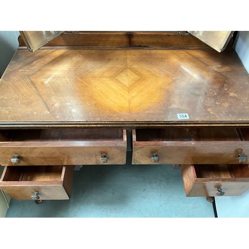 354 - VINTAGE WALNUT VENEERED TRIPLE MIRROR DRESSING TABLE WITH 4 DRAWERS ON CABRIOLE LEGS H67” W42” D20”