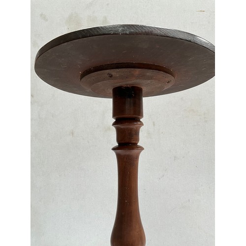 368 - VICTORIAN MAHOGANY PEDESTAL TRIPOD CANDLE TABLE (WORMED) H29” DIA 15”