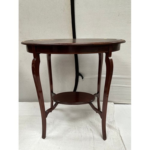 369 - EDWARDIAN MAHOGANY INLAID OVAL WINDOW TABLE A/F 
H28” W29” D20”