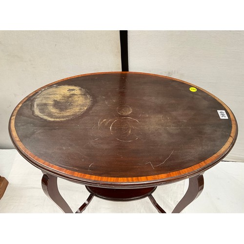 369 - EDWARDIAN MAHOGANY INLAID OVAL WINDOW TABLE A/F 
H28” W29” D20”