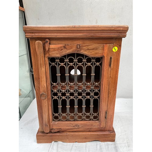 371 - MODERN ACACIA WOOD CABINET WITH SINGLE AND DECORATIVE METAL PANEL  H28” W20” D14”