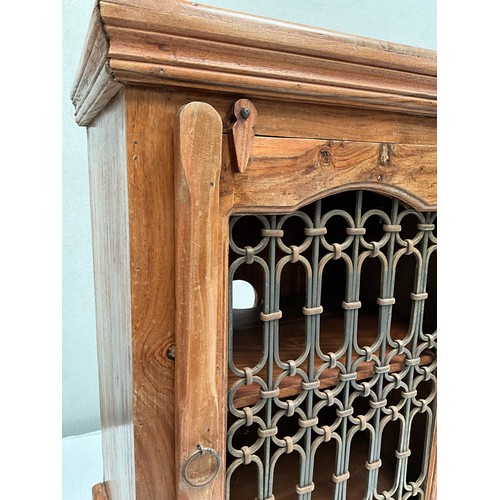 371 - MODERN ACACIA WOOD CABINET WITH SINGLE AND DECORATIVE METAL PANEL  H28” W20” D14”