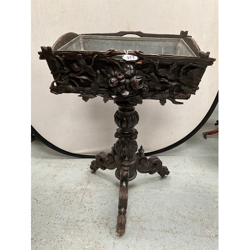 372 - EARLY CARVED DARK OAK PEDESTAL TRIPOD PLANT STAND WITH METAL LINER  H36” W23” D17”