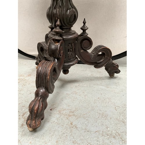 372 - EARLY CARVED DARK OAK PEDESTAL TRIPOD PLANT STAND WITH METAL LINER  H36” W23” D17”