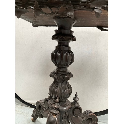 372 - EARLY CARVED DARK OAK PEDESTAL TRIPOD PLANT STAND WITH METAL LINER  H36” W23” D17”