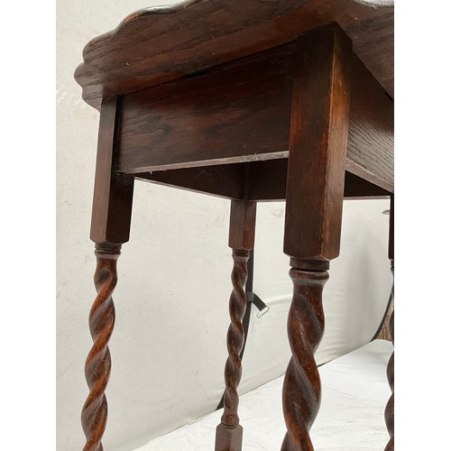 373 - VINTAGE OAK BARLEY TWIST WINDOW TABLE WITH PIECRUST EDGE H29” DIA20”