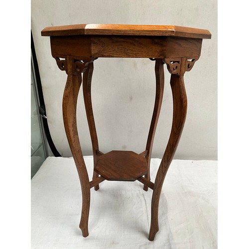 374 - EDWARDIAN OAK INLAID OCTAGONAL TOPPED WINDOW TABLE H30” W20” D20”