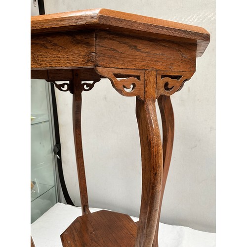 374 - EDWARDIAN OAK INLAID OCTAGONAL TOPPED WINDOW TABLE H30” W20” D20”