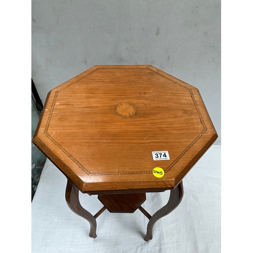 374 - EDWARDIAN OAK INLAID OCTAGONAL TOPPED WINDOW TABLE H30” W20” D20”