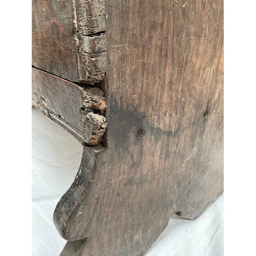 377 - EARLY OAK SWORD OR COFFER WITH CANDLE BOX TO INTERIOR WITH HANDMADE IRON HINGES AND CLASP 
H26”W44” ... 