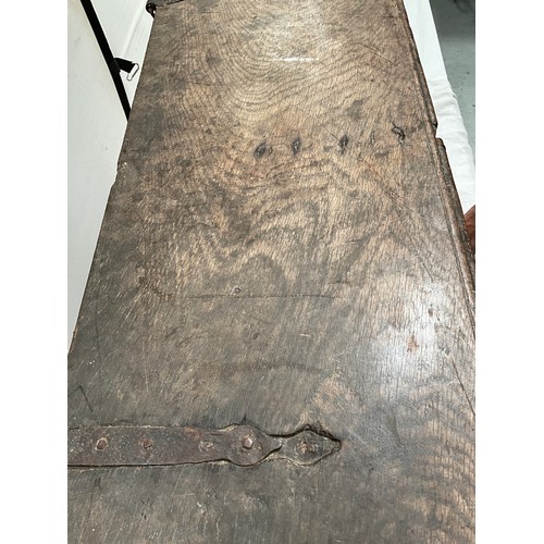 377 - EARLY OAK SWORD OR COFFER WITH CANDLE BOX TO INTERIOR WITH HANDMADE IRON HINGES AND CLASP 
H26”W44” ... 