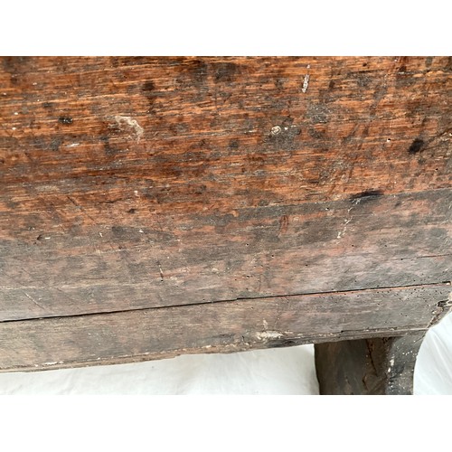 377 - EARLY OAK SWORD OR COFFER WITH CANDLE BOX TO INTERIOR WITH HANDMADE IRON HINGES AND CLASP 
H26”W44” ... 