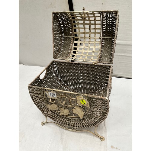 393 - MODERN DECORATVIE METAL BASKET WITH STORAGE H18” W16” D11”