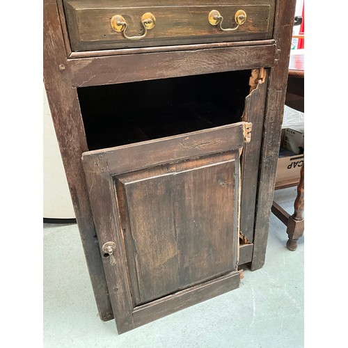 396 - EARLY OAK COURT CUPBOARD DATED 1738 WITH 2 DOORS OVER SINGLE DRAWER AND PANELED DOOR BELOW (BROKEN N... 