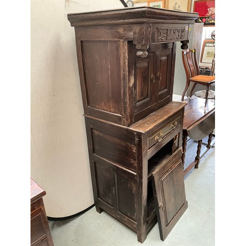 396 - EARLY OAK COURT CUPBOARD DATED 1738 WITH 2 DOORS OVER SINGLE DRAWER AND PANELED DOOR BELOW (BROKEN N... 