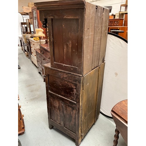 396 - EARLY OAK COURT CUPBOARD DATED 1738 WITH 2 DOORS OVER SINGLE DRAWER AND PANELED DOOR BELOW (BROKEN N... 