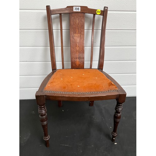 398 - EDWARDIAN MAHOGANY INLAID CHILDS CHAIR WITH UPHOLSTERED SEAT