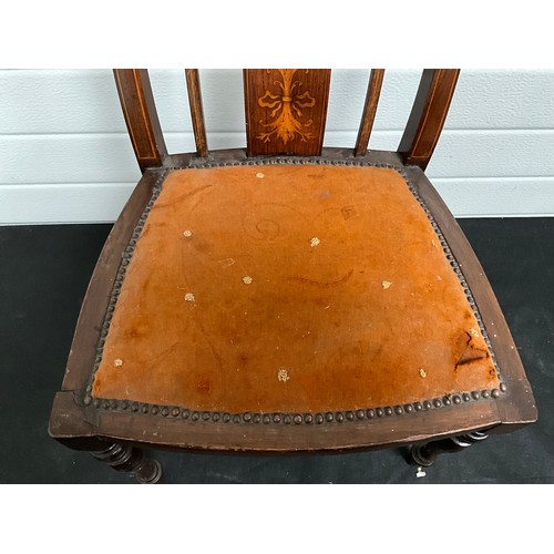 398 - EDWARDIAN MAHOGANY INLAID CHILDS CHAIR WITH UPHOLSTERED SEAT