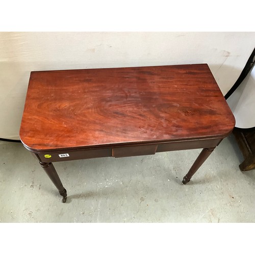 403 - GEORGIAN MAHOGANY FOLDING TEA TABLE ON TURNED LEGS AND ORIGINAL BRASS CASTORS 
H29” W36” D18”