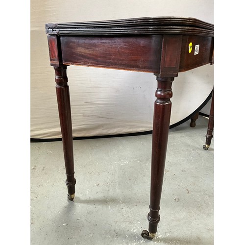 403 - GEORGIAN MAHOGANY FOLDING TEA TABLE ON TURNED LEGS AND ORIGINAL BRASS CASTORS 
H29” W36” D18”