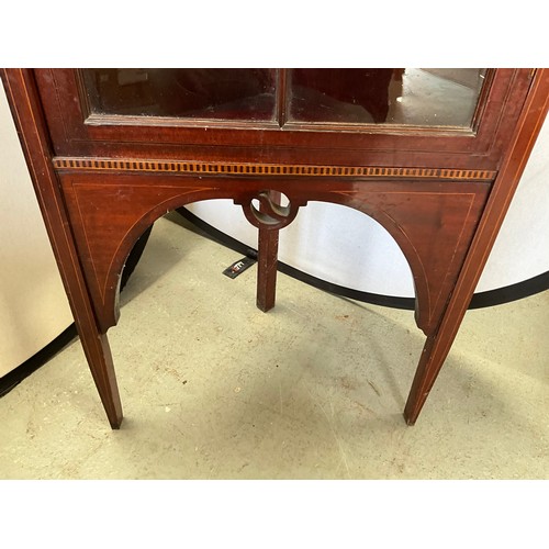 405 - EDWARDIAN MAHOGANY INLAID GLAZED CORNER DISPLAY CABINET H59” W25” D16”