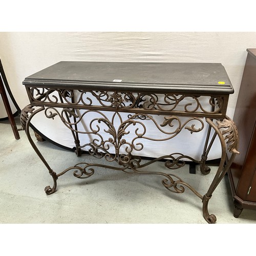 407 - MODERN MARBLE TOPPED CONSOLE TABLE WITH DECORATIVE METAL BASE 
H31” W45” D21”