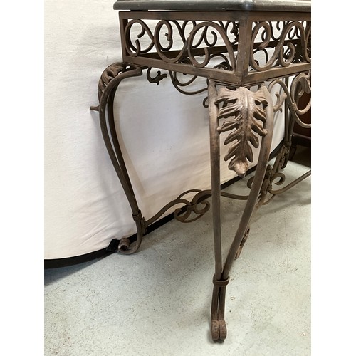 407 - MODERN MARBLE TOPPED CONSOLE TABLE WITH DECORATIVE METAL BASE 
H31” W45” D21”