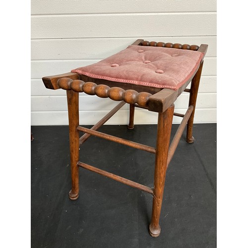 409 - VINTAGE OAK BOBBIN STOOL WITH UPHOLSTERED SEAT H20” W25” D15”