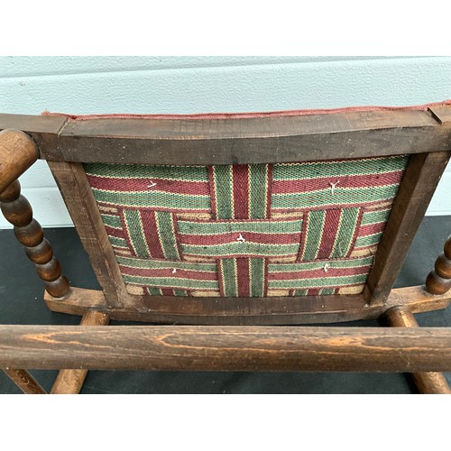 409 - VINTAGE OAK BOBBIN STOOL WITH UPHOLSTERED SEAT H20” W25” D15”