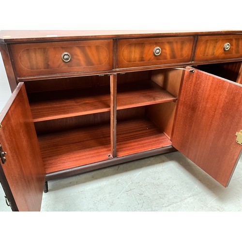 410 - REPRODUCTION MAHOGANY BADGED STRONG BOW SIDEBOARD WITH 3 DRAWERS OVER 3 DOORS H33” W52” D17”