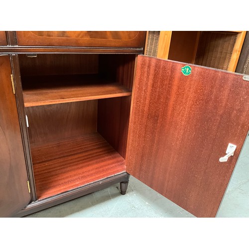 410 - REPRODUCTION MAHOGANY BADGED STRONG BOW SIDEBOARD WITH 3 DRAWERS OVER 3 DOORS H33” W52” D17”