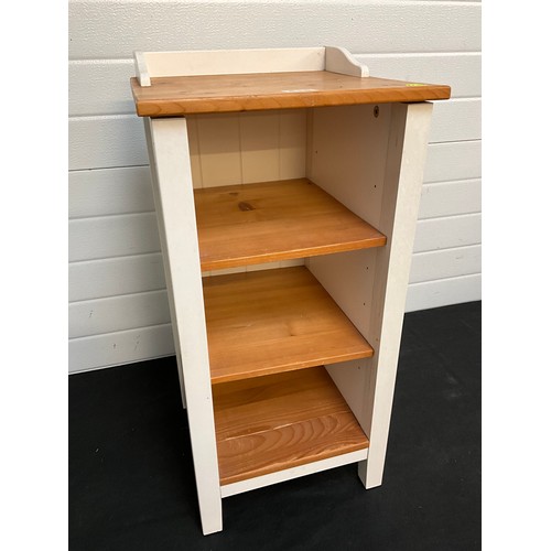 415 - WHITE AND PINE BATHROOM SHELVES  H29” W14” D14”