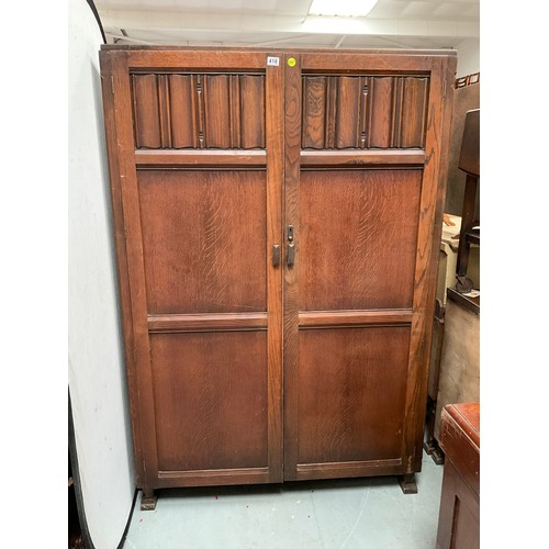 418 - VINTAGE OAK PRIORY DOUBLE WARDROBE WITH 2 DOORS WITH LINEN FOLD DESIGN H71” W48” D22”