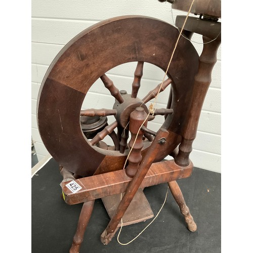 425 - VINTAGE MAHOGANY SPINNING WHEEL AND BOBINS H35” W18” D14”