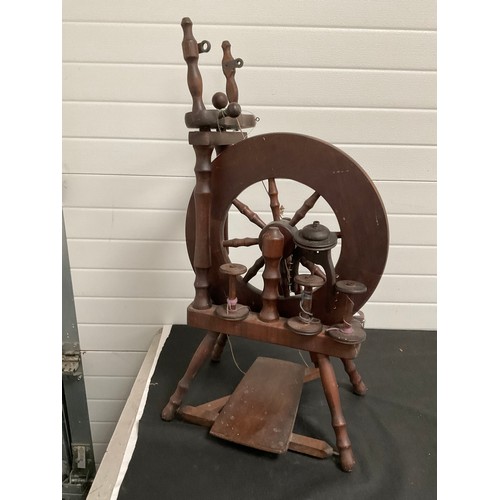 425 - VINTAGE MAHOGANY SPINNING WHEEL AND BOBINS H35” W18” D14”