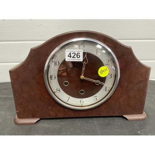 426 - VICTORIAN MAHOGANY VENEERED MANTLE CLOCK A/F KEY AND PENDULUM,VINTAGE BAKELITE WEST MINISTER CHIMES ... 