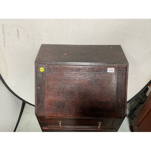 428 - VINTAGE OAK BUREAU WITH FITTED INTERIOR 2 DRAWERS BELOW ON BARLEY TWIST LEGS
H38” W23” D18”