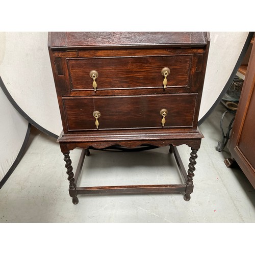 428 - VINTAGE OAK BUREAU WITH FITTED INTERIOR 2 DRAWERS BELOW ON BARLEY TWIST LEGS
H38” W23” D18”