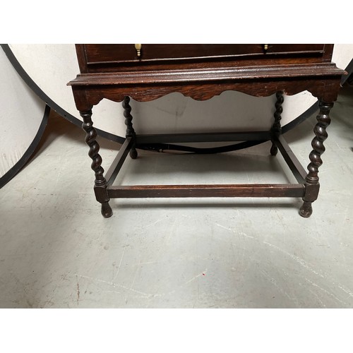 428 - VINTAGE OAK BUREAU WITH FITTED INTERIOR 2 DRAWERS BELOW ON BARLEY TWIST LEGS
H38” W23” D18”