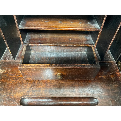 428 - VINTAGE OAK BUREAU WITH FITTED INTERIOR 2 DRAWERS BELOW ON BARLEY TWIST LEGS
H38” W23” D18”